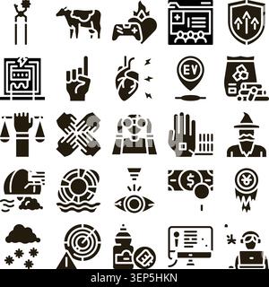 Collection de diverses icônes de glyphe monochromes illustrant l'électricité, la santé, les affaires, les jeux, le travail d'équipe, finance, et autres thèmes contemporains, utilisation Illustration de Vecteur