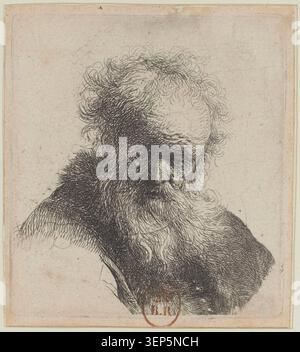 Un vieil homme chauve avec une grande barbe apparaît dans une gravure de Rembrandt datée de 1630. L'étude du portrait met l'accent sur les traits du visage, l'âge et l'expression dans un contexte artistique néerlandais du XVIIe siècle. Banque D'Images