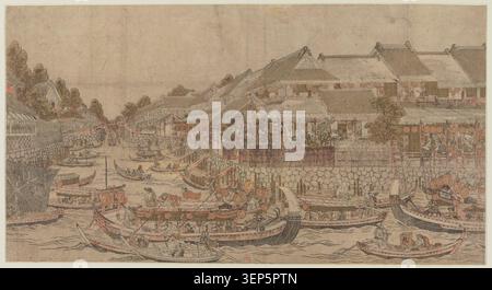 La gravure présente des gens voyageant en bateau dans un paysage delta pendant l'été, se rassemblant pour se rafraîchir dans les voies navigables dans une composition d'inspiration japonaise du XVIIIe siècle d'Utagawa Toyoharu. Banque D'Images