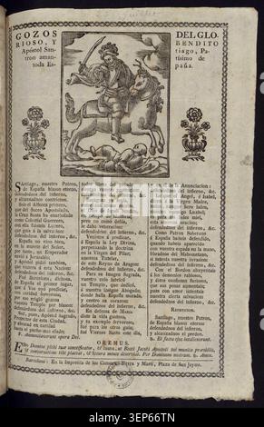 Gravure présente des hymnes dédiés à Saint Jacques, glorieux et béni apôtre et patron de toute l'Espagne, exprimant la tradition catholique espagnole dévotionnelle axée sur la vénération apostolique et la louange religieuse communautaire dans la culture spirituelle ibérique. Banque D'Images