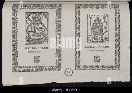 La gravure présente Saint Jacques comme patron de l'Espagne dans la tradition catholique de dévotion, reflétant l'identité religieuse ibérique et la vénération de Santiago comme figure apostolique dans la pratique spirituelle et culturelle espagnole. Banque D'Images