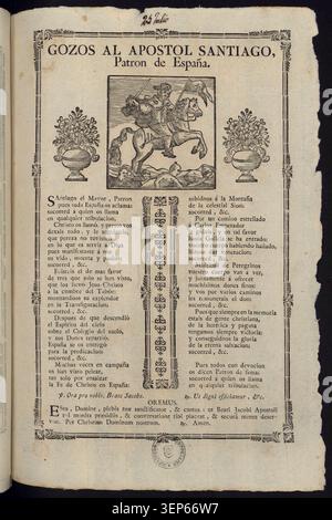 La gravure de dévotion présente Saint Jacques l'Apôtre comme patron de l'Espagne dans une feuille de prière religieuse dédiée à son culte, exprimant la dévotion nationale et spirituelle dans la tradition catholique espagnole dans un format imprimé non daté. Banque D'Images