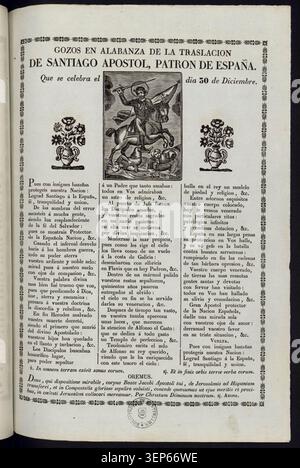 Gravure présente des hymnes en hommage à la traduction de Saint Jacques, patron de l'Espagne, célébrée le 3 décembre, reflétant la tradition religieuse espagnole dévotionnelle dédiée à Saint Jacques en tant que patron apostolique et mettant en évidence les pratiques de célébration liturgique associées à sa vénération. Banque D'Images