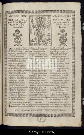La gravure présente des hymnes à la louange de Saint Jacques l'apôtre, patron de l'Espagne, vénéré dans la rue du marché aux poissons de la ville de Lleida, reflétant la pratique dévotionnelle localisée dans la tradition religieuse urbaine espagnole dédiée à l'apôtre Jacques. Banque D'Images