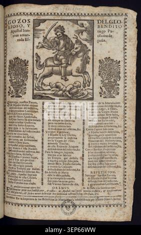 Gravure présente des hymnes dédiés à Saint Jacques, glorieux et béni apôtre et patron de toute l'Espagne, reflétant la tradition catholique ibérique dévotionnelle centrée sur sa vénération en tant que saint national et centre de louanges religieuses communautaires et de célébration liturgique. Banque D'Images