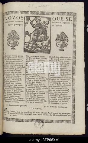 Gravure présente une feuille d'hymne de dévotion de Tortosa honorant Saint Jacques, reflétant la tradition catholique ibérique de chanter des gozos dans le culte paroissial dédié à l'apôtre et saint patron dans la pratique religieuse espagnole. Banque D'Images