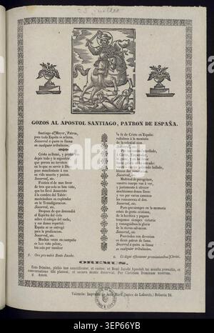 Gravure présente une feuille d'hymne de dévotion honorant Saint Jacques l'Apôtre, patron de l'Espagne, utilisée dans la tradition catholique ibérique pour exprimer la dévotion priante et renforcer son rôle de saint patron national à travers un texte liturgique imprimé. Banque D'Images