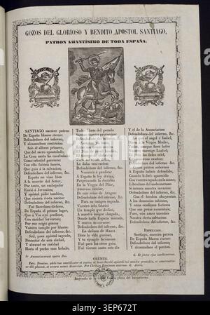 Gravure présente des hymnes dédiés à Saint Jacques, glorieux et béni apôtre et patron de toute l'Espagne, associé à la culture de l'impression dévotionnelle espagnole et aux pratiques de culte religieux honorant l'apôtre en tant que figure centrale de l'identité catholique ibérique. Banque D'Images