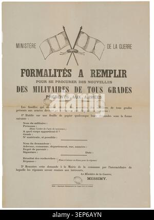 Une pancarte imprimée du ministère de la Guerre français explique les procédures à suivre pour les familles cherchant des informations sur les militaires de tous grades servant dans les unités actives pendant la première Guerre mondiale, publiée en 1914 Banque D'Images