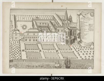 Une vue topographique gravée présente le monastère de Saint-Guénolé à Landévennec en 1672 dans le Monasticon Gallicanum, enregistrant les bâtiments monastiques côtiers bretons, la disposition des enclos et le paysage ecclésiastique dans une représentation structurée des relevés du XVIIe siècle. Banque D'Images