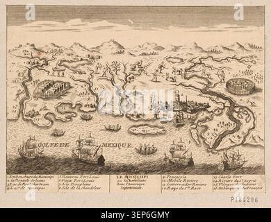 Une carte de la région du Mississippi ou de la Louisiane en Amérique du Nord présente les fortifications, les établissements, les habitations indigènes et les paysages du XVIIe siècle à travers les territoires de Louisiane, du Mississippi et de la Nouvelle-Orléans, illustrant la compréhension géographique coloniale précoce de la région. Banque D'Images