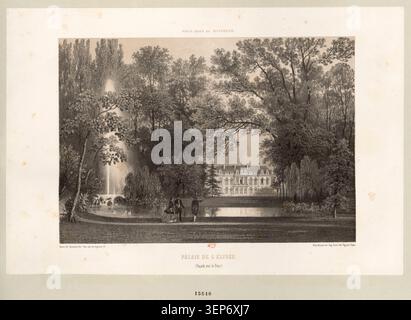 Une lithographie présente la façade du Palais de l’Élysée face au parc à Paris dans le contexte de la République de 1848, montrant l’architecture de la résidence présidentielle et les terrains paysagers dans le cadre de l’imagerie de représentation politique et civique française du XIXe siècle. Banque D'Images