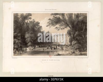 Lithographie présente le Palais de l'Élysée côté jardin dans une vue architecturale structurée associée à l'espace politique et résidentiel français du milieu du XIXe siècle pendant la période de la République de 1848. Banque D'Images