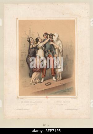 Les troupes se préparent à partir vers la Crimée dans une scène de mise en scène difficile reflétant le mouvement précoce des forces pendant la période de la guerre de Crimée, présentée comme une lithographie associée à la mobilisation militaire et au déploiement expéditionnaire du second Empire. Banque D'Images