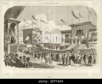 L’inauguration cérémonielle à Port-Saïd marque la bénédiction du canal de Suez en 1869 avec la présence de visiteurs impériaux et royaux lors de l’ouverture d’une grande route maritime reliant les mers et transformant la navigation et le commerce internationaux. Banque D'Images