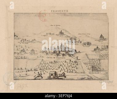 Une gravure présente les environs de Frascati où les véhicules tirés par des chevaux se déplacent le long des routes rurales près des collines à l'extérieur de Rome, reflétant les voyages du début du XVIIe siècle, les routes commerciales et les déplacements quotidiens à travers la campagne du Latium vers 1600. Banque D'Images
