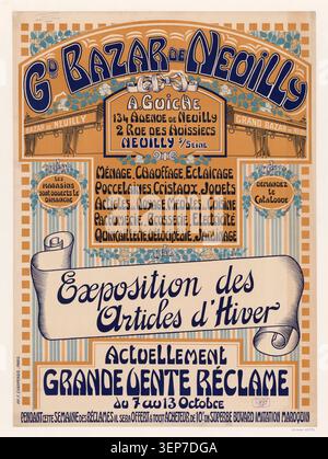 Une affiche publicitaire gravée annonce l'exposition hivernale et la vente promotionnelle du Grand Bazar de Neuilly du 7 au 13 octobre 1912, répertoriant les articles ménagers, les produits de chauffage et d'éclairage, les porcelaines, les cristaux, les jouets, les articles de voyage, meubles de cuisine, produits de parfumerie et de jardinage. Banque D'Images