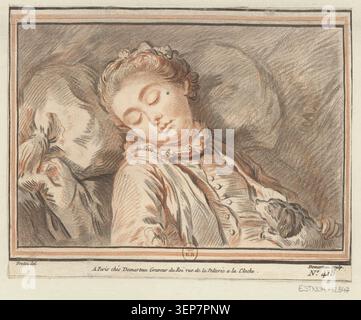 Une femme dort entièrement habillée en vue de buste tournée vers la droite avec la tête sur un coussin tout en tenant un petit chien dans une gravure du XVIIIe siècle de Gilles Demarteau d'après Frédou, présentant une scène de genre domestique intime et une composition de figures de repos. Banque D'Images