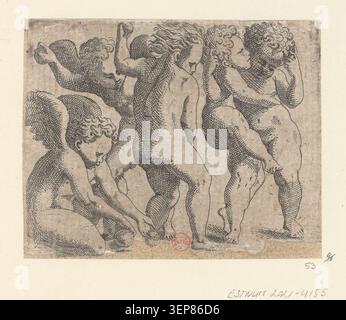 Une gravure anonyme attribuée à Léon Davent représente cinq cupidons jetant des pommes de manière ludique dans une scène mythologique dynamique associée à des interprétations Renaissance du symbole de Cupidon et de l'amour romain classique dans la culture imprimée européenne du XVIe siècle. Banque D'Images