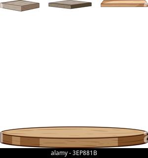 Diverses plates-formes vides en bois et en béton, socles et présentoirs de produits dans le style d'illustration de bande dessinée, utiles pour présenter des articles ou des conce Illustration de Vecteur