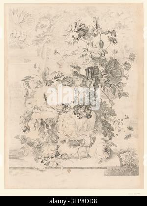 La gravure présente une composition florale de nature morte d'après Jan van Huysum, traduite sous forme imprimée par Richard Earlom en 1778, mettant l'accent sur l'arrangement décoratif des fleurs et des éléments naturels dans la tradition européenne de gravure reproductive du XVIIIe siècle. Banque D'Images