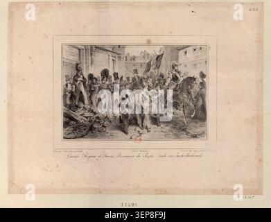 1831 lithographie de Goblain Antoine-Louis présente les gardes royaux et les troupes suisses détenues par le peuple sur la rue du cherche-midi au lendemain de la Révolution de juillet à Paris, reflétant les tensions entre les forces monarchiques et les citoyens. Banque D'Images