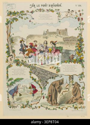 La gravure Pellerin image d'Épinal de 1863 illustre la chanson populaire française sur le Pont d'Avignon, interprétant visuellement la mélodie traditionnelle et le thème de la danse associés au patrimoine culturel d'Avignon dans la production populaire d'estampe du XIXe siècle. Banque D'Images