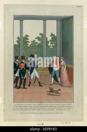 Une scène gravée présente un officier français offrant un traitement respectueux à un général espagnol âgé et à sa fille pendant la guerre d'Espagne, reflétant la retenue et la dignité en temps de guerre dans le contexte ibérique. Banque D'Images