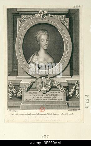 François Hubert réalise une gravure présentant la comtesse d’Artois dans une composition de portrait ovale posée sur un piédestal décoré avec des bras héraldiques et des guirlandes florales reflétant les conventions du portrait aristocratique français de la fin du XVIIIe siècle. Banque D'Images