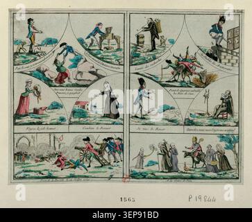 Une gravure satirique datée de 1790 présente des scènes liées à la prise de la Bastille le 14 juillet 1789. Les figures commentent les aristocrates, les gardes français, les uniformes et les symboles révolutionnaires, reflétant les attitudes pendant la phase d'ouverture de la Révolution française. Banque D'Images