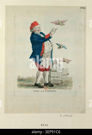 Une gravure présente une célébration symbolique de la liberté en France après le 14 juillet 1789, montrant des drapeaux révolutionnaires et des figures allégoriques exprimant la liberté et la transformation politique au début de la Révolution française. Banque D'Images