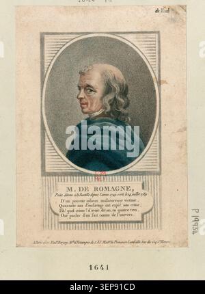 M. de Romagne, identifié comme poète détenu à la Bastille depuis 1749 et sorti le 14 juillet 1789, figure dans une gravure inventée par Madame Dabos et gravée par vérité. Le portrait se rapporte aux événements entourant la chute de la Bastille pendant la Révolution française. Banque D'Images