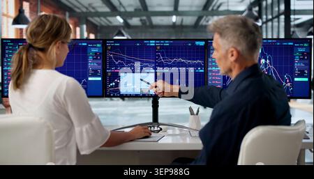 Deux traders regardent plusieurs écrans de près pendant qu'ils analysent les actions. Banque D'Images