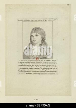 Louis Charles de France, identifié comme le fils de Louis XVI, est commémoré dans un portrait gravé notant sa mort en tant que prisonnier dans la Tour du Temple à Paris le 8 juin 1795. Banque D'Images