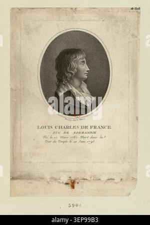 Une gravure présente Louis Charles de France, duc de Normandie, né le 27 mars 1785, identifié plus tard comme Louis XVII, encadré dans la généalogie royale française et l'imagerie documentaire dynastique de l'époque révolutionnaire. Banque D'Images
