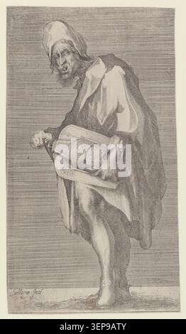 La gravure de Jacques de Bellange présente un mendiant aveugle jouant une rafale en étant assis, produite en 1595, reflétant des études de figures de la fin du XVIe siècle sur la pauvreté et les musiciens itinérants. Banque D'Images