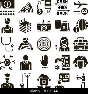 Jeu d'icônes de glyphe noir et blanc représentant la vie quotidienne, la nourriture, la finance, les voyages, l'éducation, santé, professions et services numériques en simple ou moderne Illustration de Vecteur