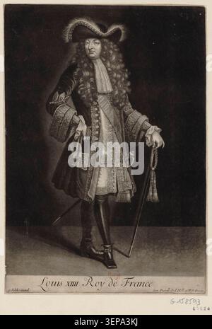 Louis XIV apparaît en tenue pleine longueur comme roi de France au début du XVIIIe siècle, représenté sous forme de gravure avec l'accent sur la présence royale et l'autorité. Banque D'Images