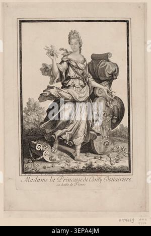 Anne Marie de Bourbon, princesse de Conti, se tient debout sur toute la longueur portant le costume de flore dans un portrait gravé basé sur un modèle de Bonnart. La composition identifie la princesse par son nom et la présente dans un caractère floral allégorique. Banque D'Images