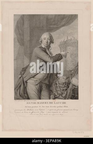 Une gravure d’Antoine Vestier présente Henri Masers de Latude, détenu pendant 35 ans dans différentes prisons d’État. Le texte qui l'accompagne indique que sa souffrance et sa captivité ont enseigné aux Français comment le courage pouvait vaincre la tyrannie et gagner la liberté pendant l'ère révolutionnaire. Banque D'Images