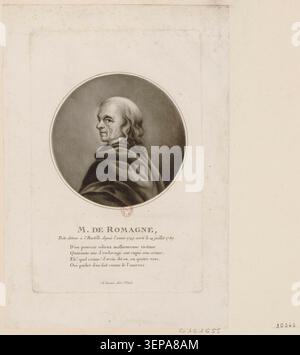 Une gravure de Johann Elias Haid présente Monsieur de Romagne, décrit comme un poète détenu à la Bastille depuis 1749 et sorti le 14 juillet 1789, reliant le portrait aux événements entourant la chute de la Bastille. Banque D'Images