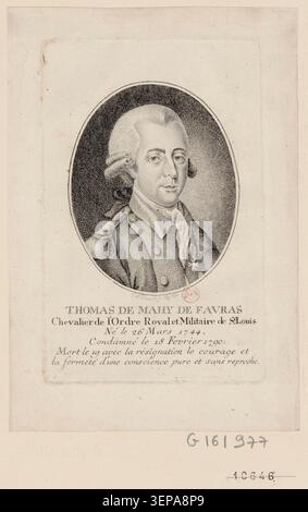 Une gravure datée de 1792 représente Thomas de Mahy de Favras marquis et chevalier de l'ordre de Saint-Louis, notant sa condamnation et sa mort en 1790 avec calme et fermeté morale pendant la Révolution française. Banque D'Images