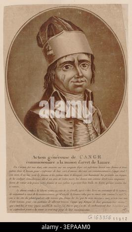Une gravure présente Joseph Cange en 1794, commissionnaire à la maison Lazare, reconnu pour son action généreuse. Le portrait fait partie de la documentation révolutionnaire et décrit son rôle dans la fonction publique pendant la Révolution française. Banque D'Images