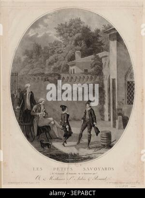 Des enfants savoyard apparaissent dans une scène comique théâtrale liée à l’œuvre scénique de Dalayrac à Paris à la fin du XVIIIe siècle. La gravure présente un dialogue et une action dansante impliquant Saint-Aubin et Renaud dans un cadre de performance animé reflétant la culture théâtrale populaire de l’époque. Banque D'Images