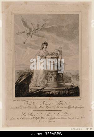 Une gravure allégorique annonce la paix entre l'Allemagne et la République française à Lunéville le 20 Pluviôse an IX. gravée par T. V. Poll, la composition commémore un accord politique et appartient à une collection de sujets historiques français de 1801. Banque D'Images