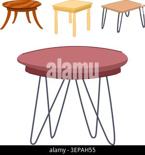Quatre tables distinctes, présentant différentes formes, matériaux et styles de jambes, disposées sur un fond blanc propre, créant un mobilier divers colle Illustration de Vecteur