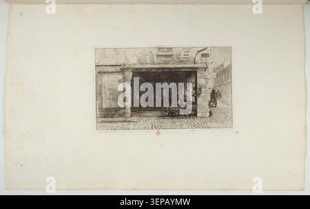 Une gravure de Martial de 1862 présente la rue du Contrat social et les colonnes de la rue de la Tonnellerie à Paris. Incluse dans la série ancien Paris, la plaque enregistre une scène de boulevard et un environnement de marché de rue du XIXe siècle. Banque D'Images