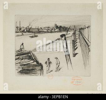 James McNeill Whistler produit en 1861 une gravure de Millbank le long de la Tamise, présentant une vue urbaine du XIXe siècle sur la rivière associée à des environnements industriels et riverains londoniens. Banque D'Images