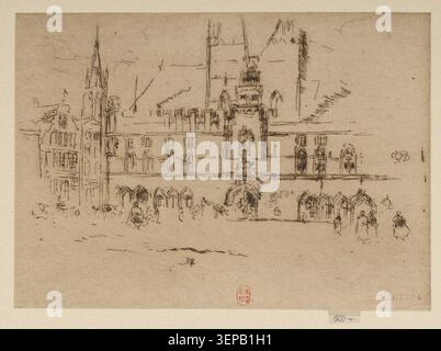 James McNeill Whistler réalise une gravure intitulée Market-place, Bruges, présentant une scène de place de la ville flamande avec des formes architecturales et une atmosphère civique associées aux études urbaines belges du XIXe siècle. Banque D'Images