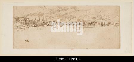 James McNeill Whistler produit une gravure de long Venice en 1886, présentant un paysage urbain au bord du canal avec des silhouettes architecturales et des reflets d'eau caractéristiques des études nocturnes vénitiennes. Banque D'Images